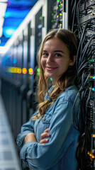 Young woman in datacenter server room, she is smiling and looking at camera