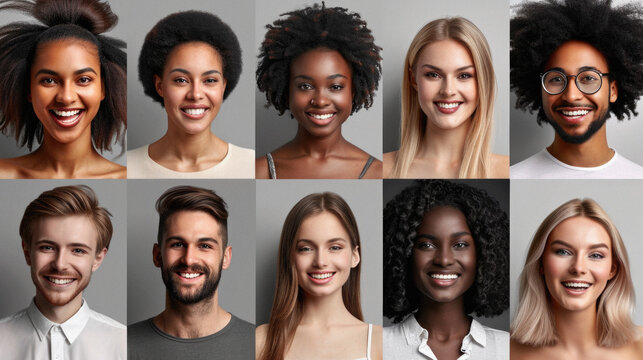 Collage of beautiful young people with different hairstyles on grey background