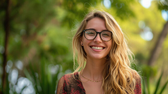 Portrait of a beautiful young woman with glasses smiling at the camera