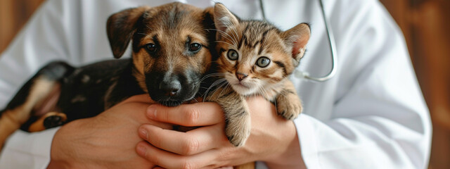 the veterinarian holds a cat and a dog in his hands