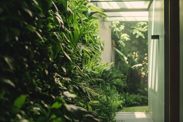 A hallway with a green wall full of various plant species, and a skylight that brings in natural sunlight