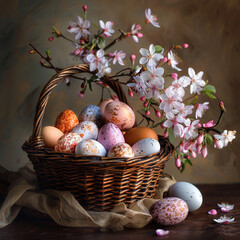 Wicker basket with colorful Easter eggs