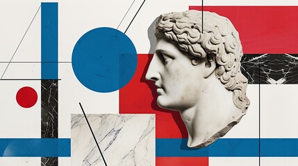 Contemporary Art. Geometric composition with Greek sculpture and geometric objects. Sculptural male head in antique (Greek, Roman) style. Beauty in stone. Illustration for varied design.