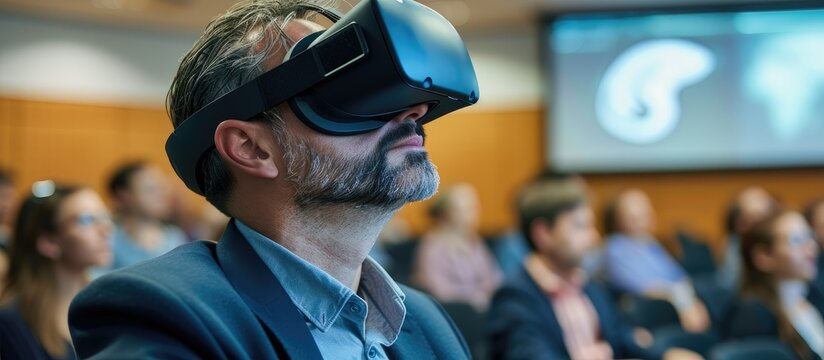 A businessman wearing a virtual reality headset as he examines a VR simulator in front of a group of people in a classroom setting.