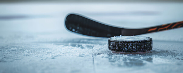 A black hockey stick and a rubber puck rest on the icy surface, ready for an intense game, against a backdrop of frozen white ice. - obrazy, fototapety, plakaty