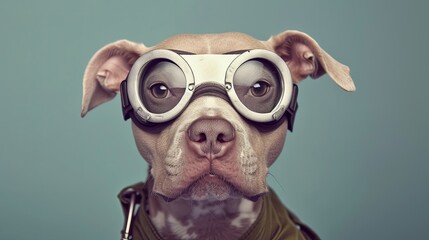 Dog with glasses. Close-up portrait of a dog. Anthopomorphic creature. A fictional character for advertising and marketing. Humorous character for graphic design.