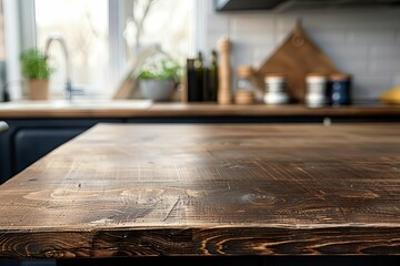 Wooden countertop with a blurred modern kitchen background Ideal for product placement and culinary presentation.