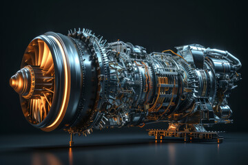 Jet engine without covers isolated on dark empty background with space for text
 - obrazy, fototapety, plakaty