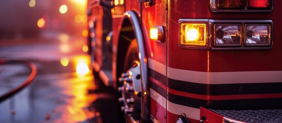 A detailed view of a fire truck with its emergency lights on, showcasing its readiness for responding to rescue calls. - obrazy, fototapety, plakaty
