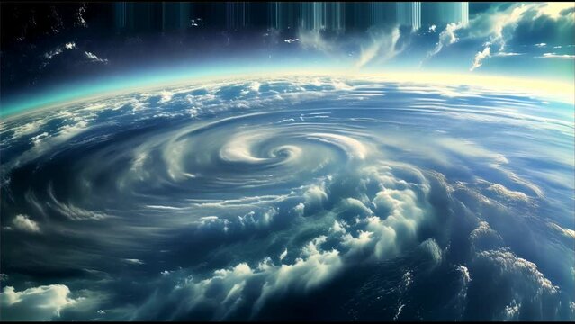 Surreal view of a massive cyclone from space with dramatic clouds and atmospheric effects.