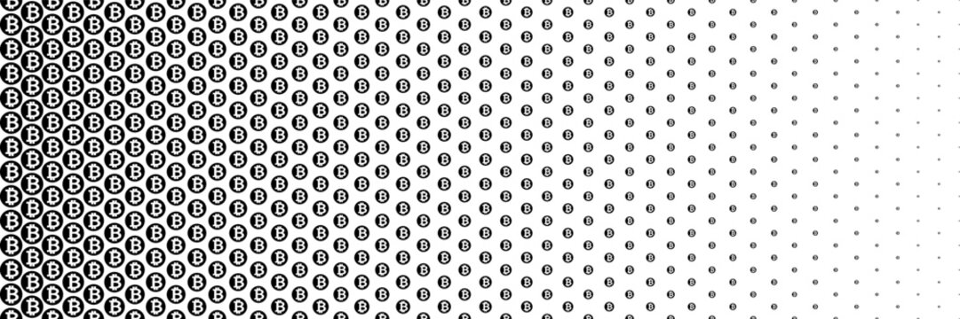 horizontal black halftone of bitcoin currency sign coin design for pattern and background.