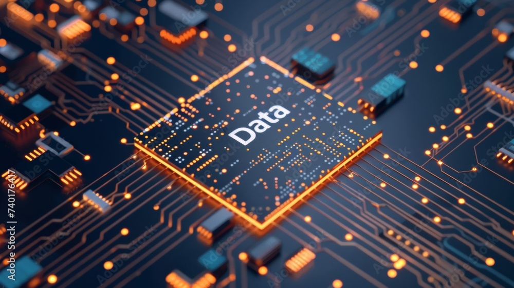 Poster glowing data text on mainboard background.