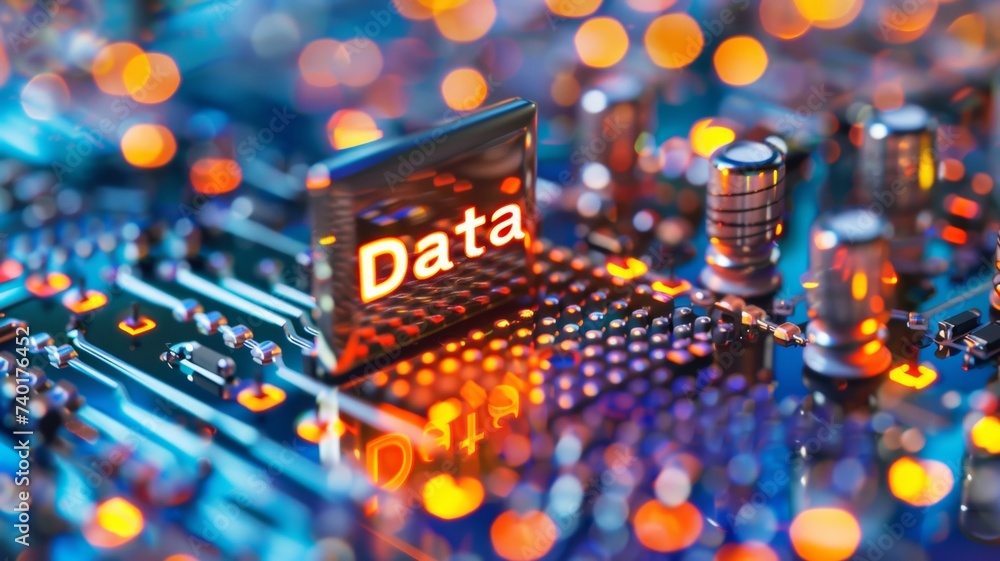 Poster glowing data text on mainboard background.