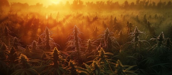 The afternoon sun shines on the marijuana garden. Generated AI image - obrazy, fototapety, plakaty
