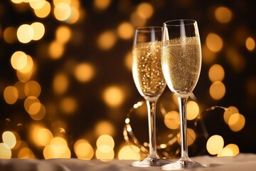 Close up two glasses of champagne with bubbles stand against a background of blurry cool bokeh with copy space. Concept for New Year celebration, Valentine's day, romantic date, wedding anniversary