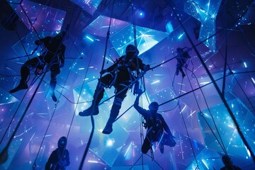 Zero gravity dance performance in a space-themed venue Where dancers use harnesses to create the illusion of dancing in space - obrazy, fototapety, plakaty