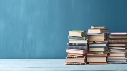 Stacked Books on Blue background