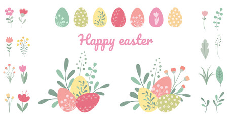 Cute easter collection in simple design. Set of flowers, leaves and easter eggs for posters, cards and printing.
