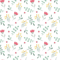 Floral seamless pattern in flat design. Cute vector illustration with flowers and leaves.
