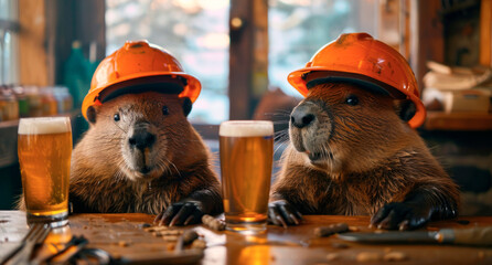Cheerful beavers in orange helmets drink beer and relax in a cafe after a work shift. Day of the builder and miner. - obrazy, fototapety, plakaty