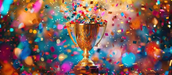 A gold trophy cup winner with confetti and sparkling glitter for celebration. Generated AI image