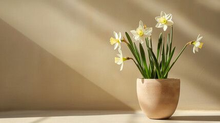 Narcissus in pot opposite wall on plain background. Spring concept.