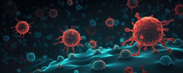 Microscope molecular structure of cancer , blood cells, banner, inside view of humany body. Generative Ai.