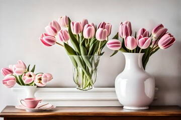 pink tulips in vase, Pink tulips bloom elegantly in a white vintage vase, adding a touch of charm to a European Scandinavian styled interior