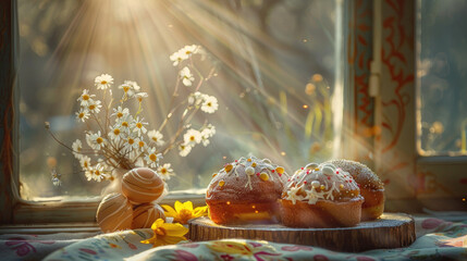Glazed Easter cake with sprinkles, painted eggs with Ukrainian ornaments and flowers on a background of sun rays