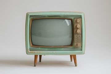 An aged television set with retro charm is placed atop a vintage wooden stand, creating a nostalgic...