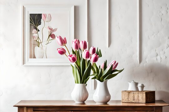 flowers in vase on the table, Pink tulips bloom elegantly in a white vintage vase, adding a touch of charm to a European Scandinavian styled interior