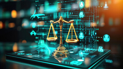 Digital scales of justice on tablet screen. Law and justice concept.  Rendering - obrazy, fototapety, plakaty