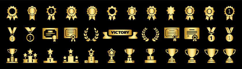 Winning icon set. Trophy cup, Medal, Winner prize icon. Trophy symbol. Victory logo.