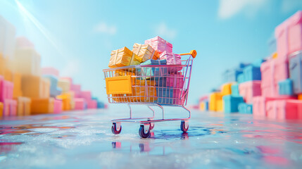 Shopping cart with merchandise. Concepts of selling and buying products online - obrazy, fototapety, plakaty