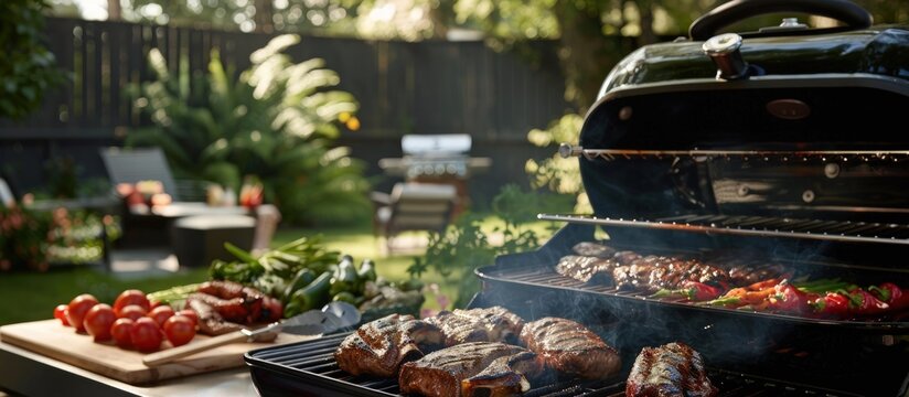 An outdoor party with grilled barbecue meat and fresh vegetables. Generated AI image