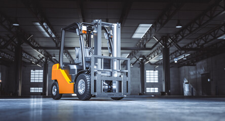detail of a forklift inside an empty warehouse. - 740179033