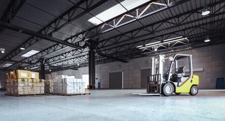  forklift in action inside an almost empty warehouse.