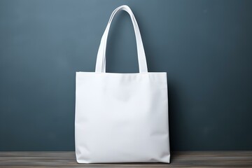 A blank white tote bag on a grey background, perfect for personalization. Concept Product Photography, Blank Tote Bag, Customizable Design, Minimalist Background