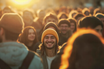 Smiling Man with Beanie Standing Out in Crowd at Sunset - obrazy, fototapety, plakaty