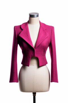 A photo of a mannequin adorned with a pink jacket, showcasing a fashionable and eye-catching ensemble