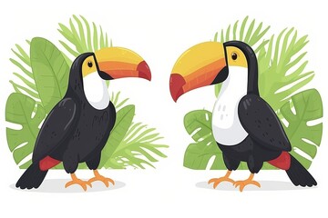 Two colorful toucans with vibrant plumage are standing side by side, showcasing their unique beaks and striking features in a harmonious display of natures beauty