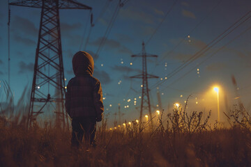 child playing near electric pylon danger concept - obrazy, fototapety, plakaty