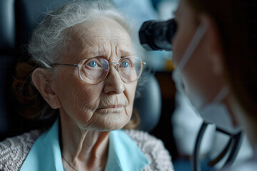 Ophthalmologist checking or examining the eyesight of an elderly woman aged 70-80, health care for...
