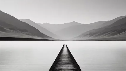 Cercles muraux Himalaya Minimalist Landscape: a leading long dock lake and mountains,  Minimalist Compositions