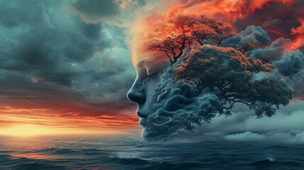 Double exposure combines a woman's face and a seascape with sunset. Panoramic view. The concept of the unity of nature and man. Computer graphics. Illustration for cover, card, interior design, etc. - obrazy, fototapety, plakaty