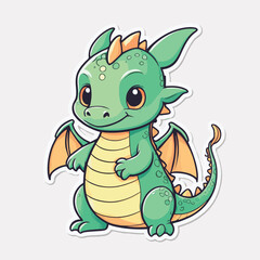 Fototapeta premium Adorable green cartoon dragon with orange wings and playful expression on a white background.