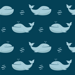 Obraz premium Cute cartoon whale with wave. Vector seamless pattern