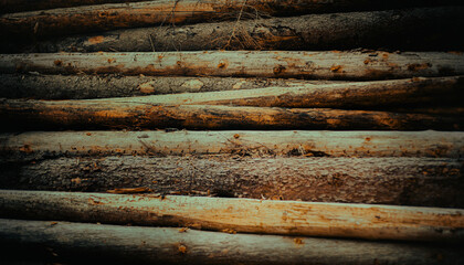 Fallen pine trunks and industrial chopped felling of trees create a dark background.