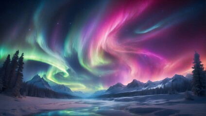 Fototapeta na wymiar Ethereal aurora borealis dancing across the night sky, swirling ribbons of color illuminating the darkness, a captivating display of natural wonder and magic. generative AI