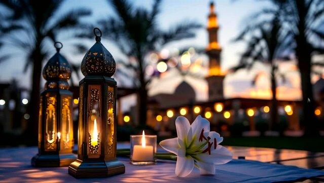Arabic lantern and candles on the table with view of city mosque at sunset, ramadan and eid-al-fitr atmosphere. seamless 4k looping time-lapse animation background
